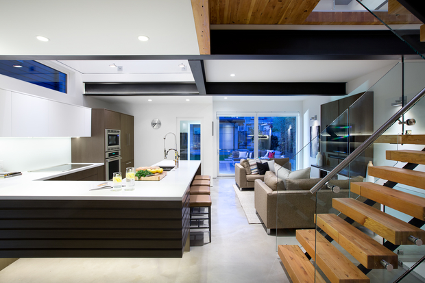 Interior kitchen with wooden staircase