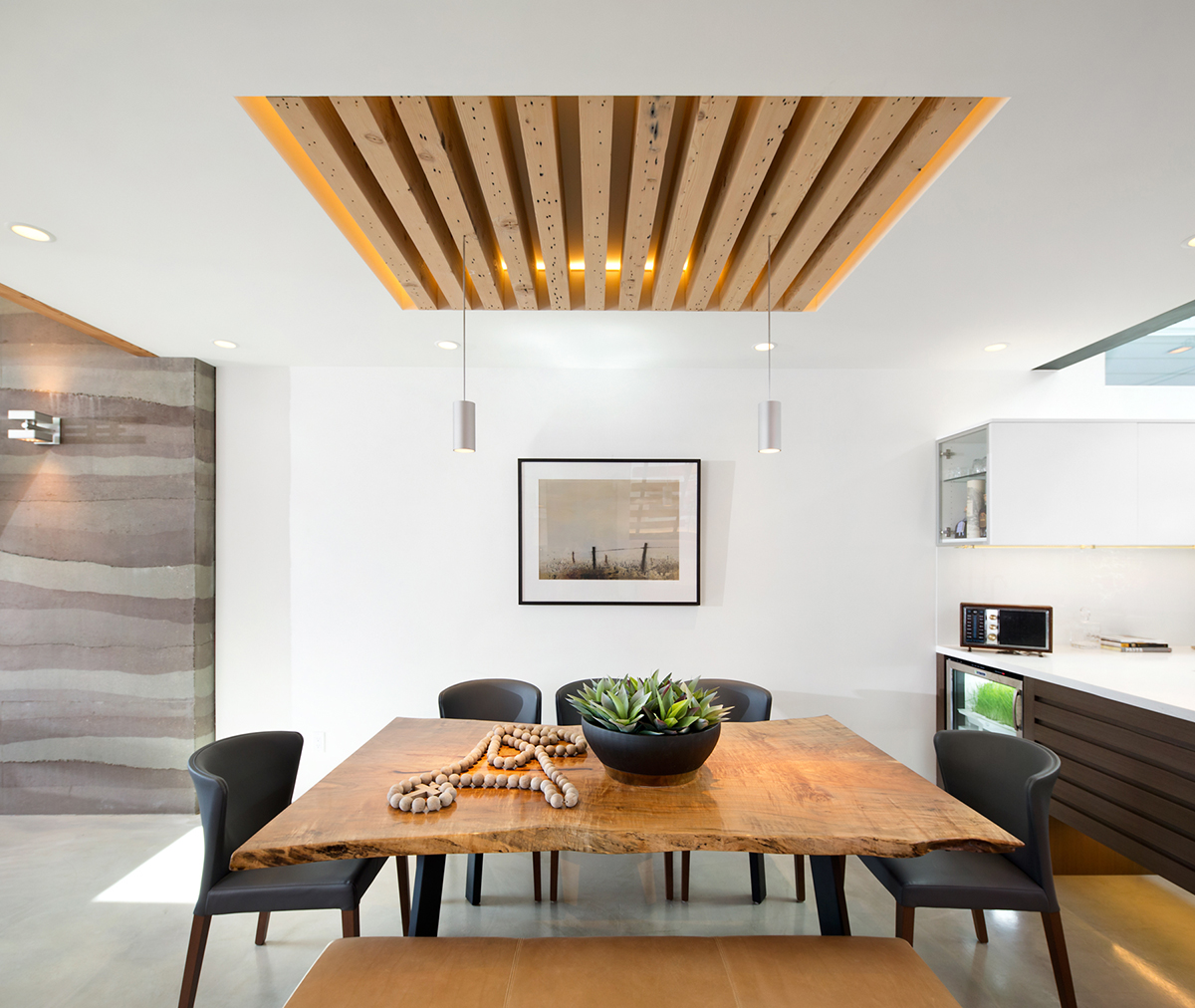 Dining room with wood slate roof