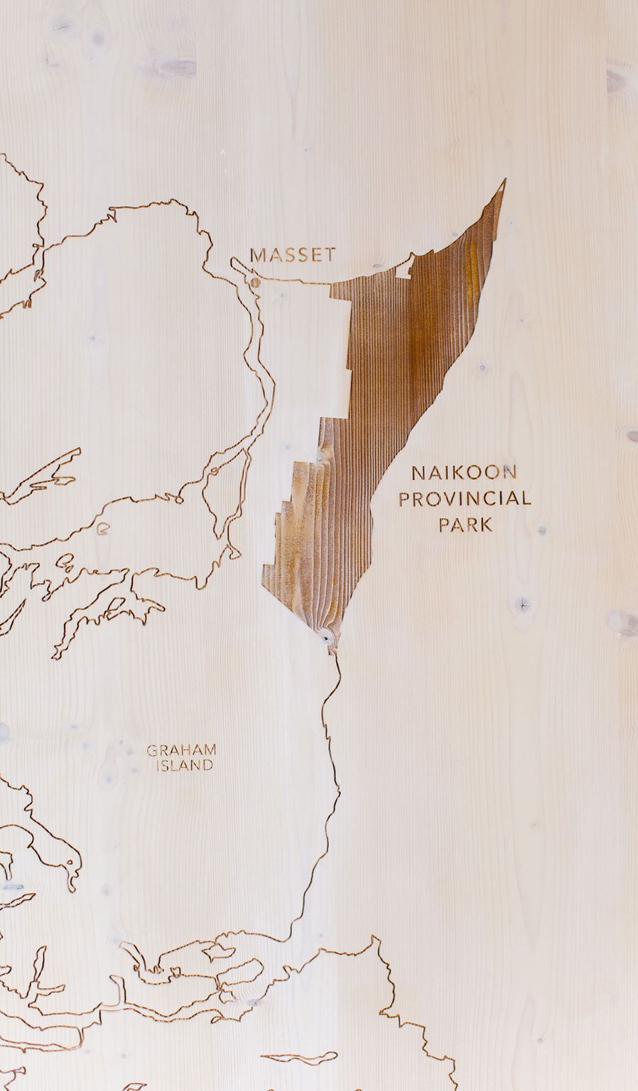 Wooden map showing Naikoon Provincial Park near Masset, British Columbia