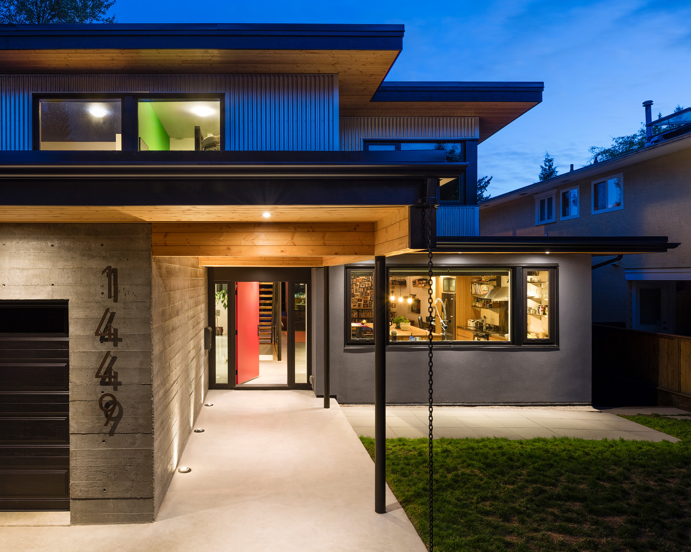 Exterior of modern home at night