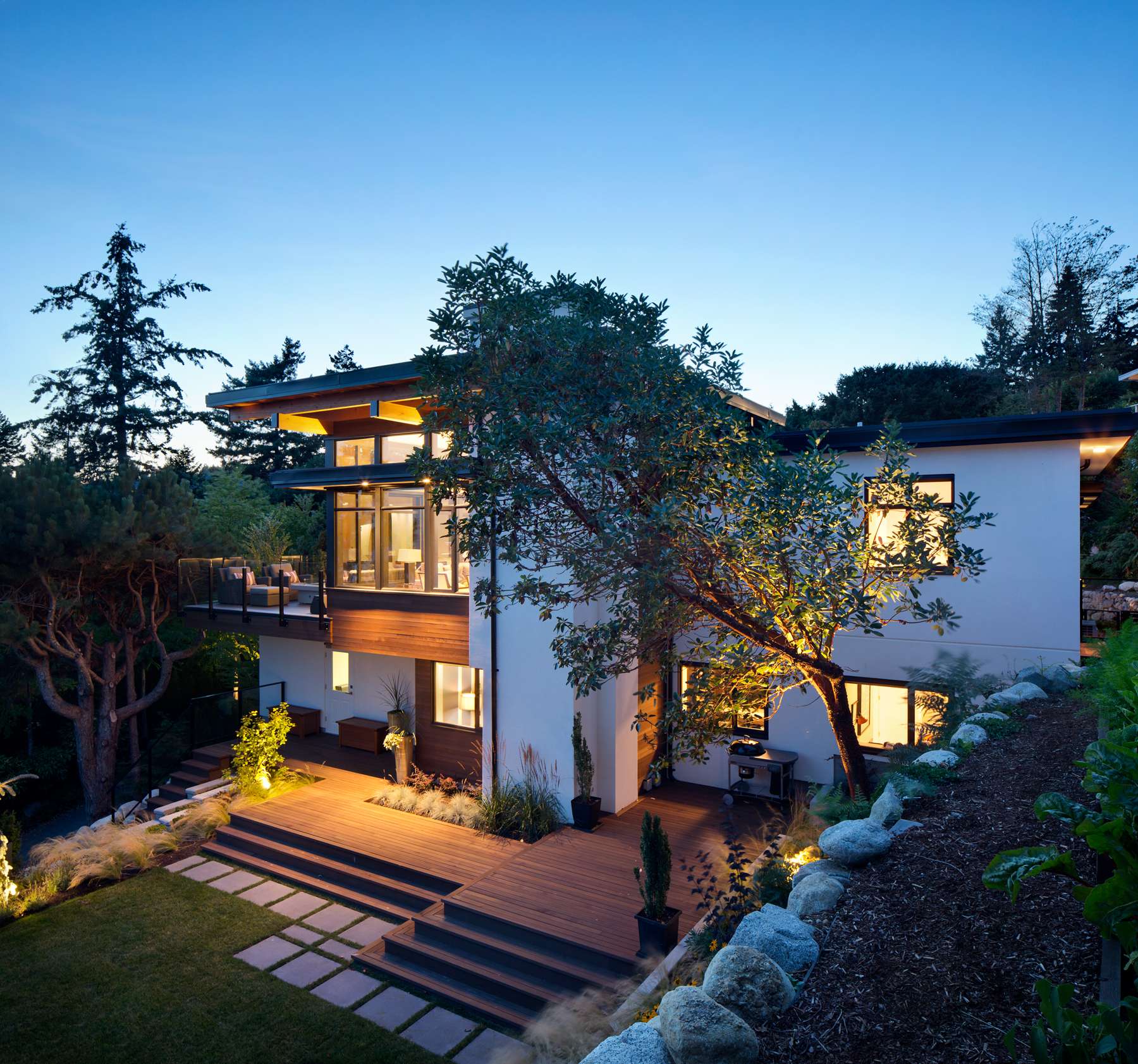 Exterior of a modern home at night